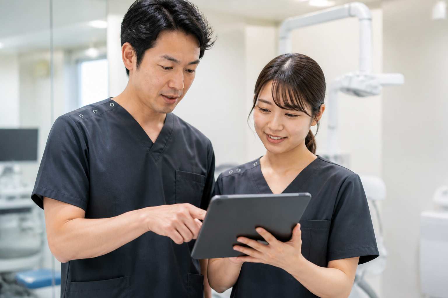 スタッフがタブレットを見ながら連携している様子