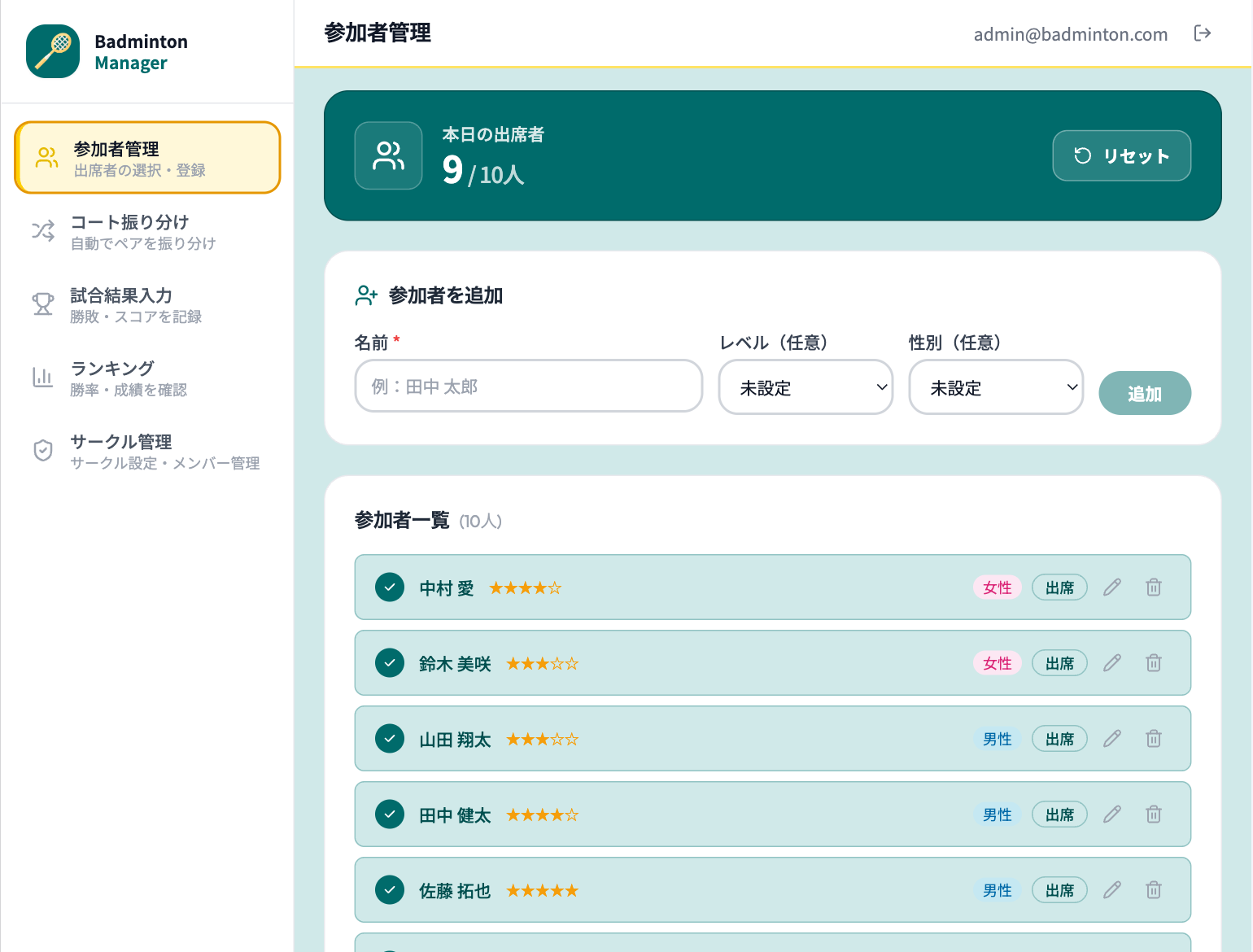 参加者管理画面