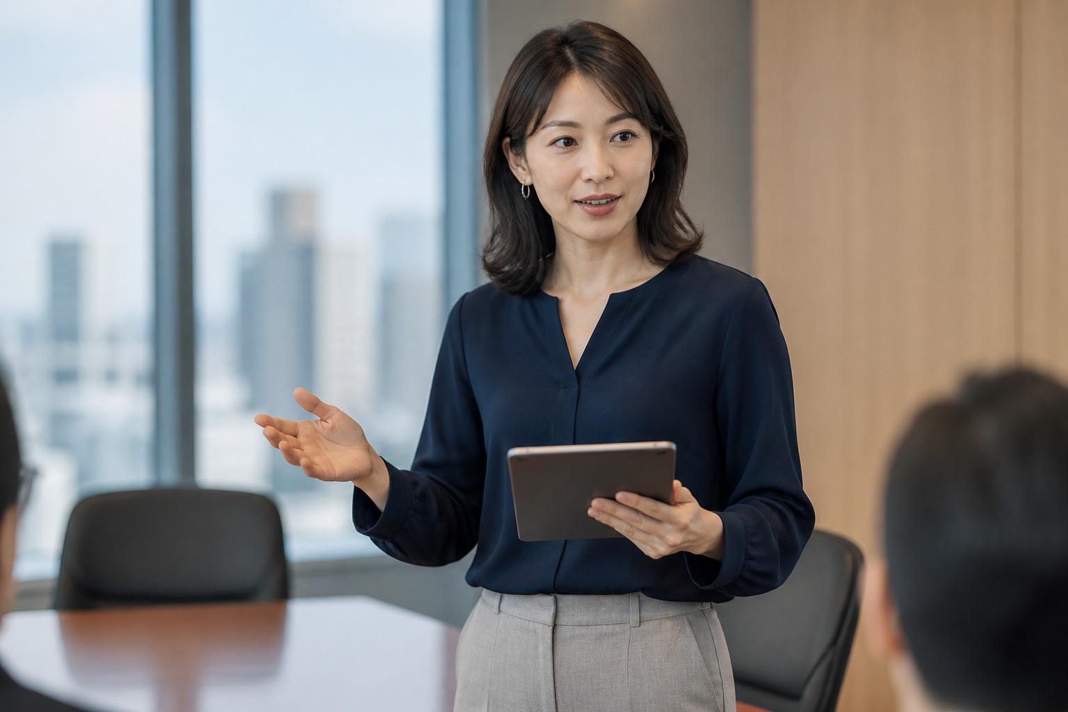会議室でタブレットを手に説明する日本人ビジネスパーソン